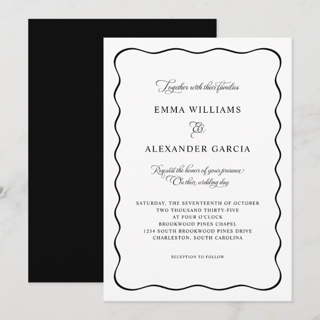 Elegant Calligraphy Wedding Black Wavy Border Invitation (Front/Back)