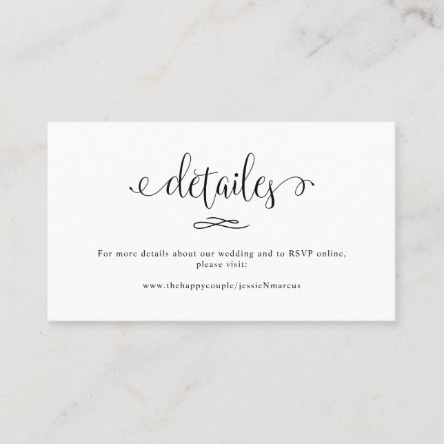 Elegant Calligraphy Wedding Details Business Card (Front)