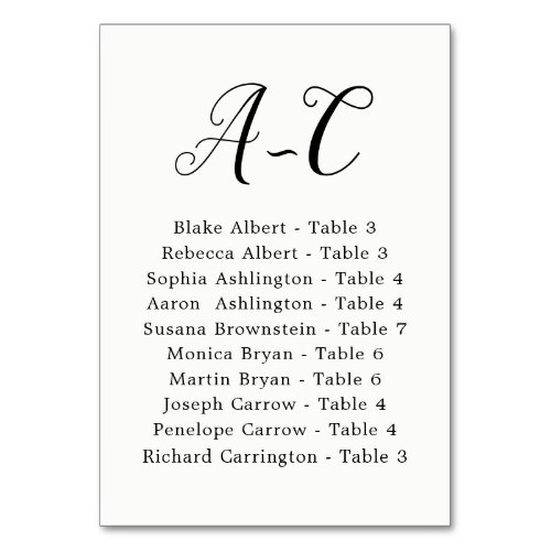 Elegant Calligraphy Wedding Guest by Last Name Table Number