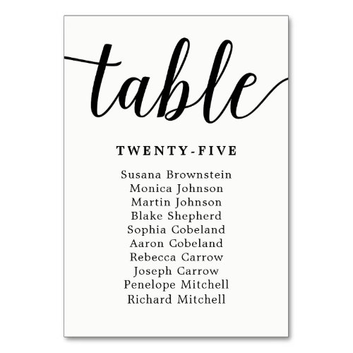 Elegant Calligraphy Wedding Guest Seating Chart Table Number