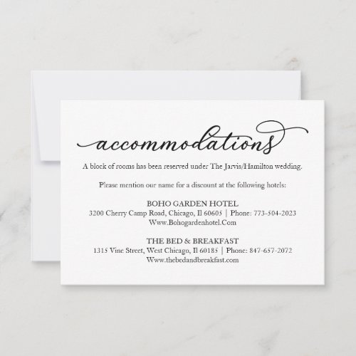 Elegant Calligraphy Wedding Hotel Accommodations RSVP Card