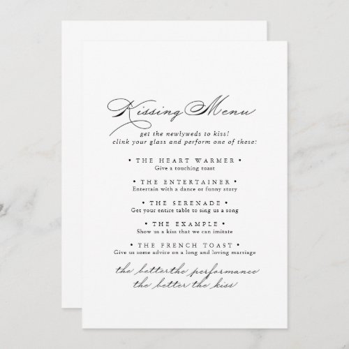 Elegant Calligraphy Wedding Kissing Menu Game Card
