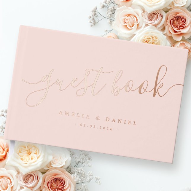 Elegant calligraphy wedding light blush pink foil guest book  (Elegant calligraphy wedding light blush pink foil guest book)