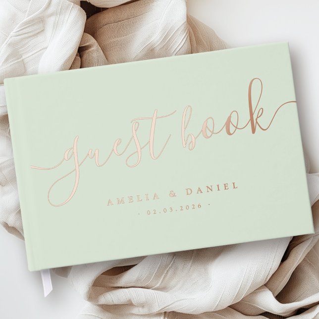 Elegant calligraphy wedding light sage green foil guest book  (Elegant calligraphy wedding light sage green foil guest book)