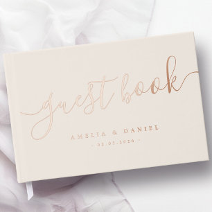 Elegant calligraphy wedding light tan brown real foil guest book 