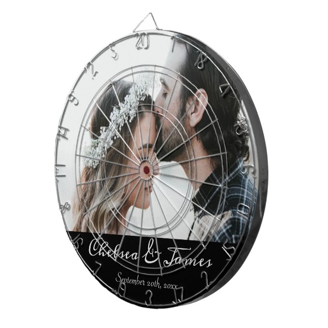 Elegant Calligraphy Wedding Photo Black & White  Dart Board (Front Right)
