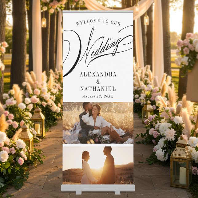 Elegant Calligraphy Wedding Photo Grid Welcome Retractable Banner (Elegant Wedding Welcome Display with photos)