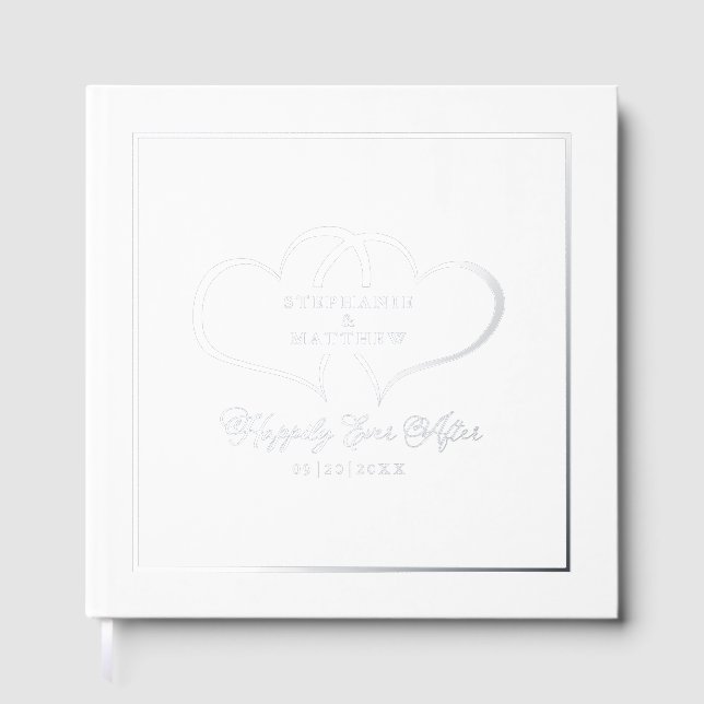 Elegant Calligraphy Wedding Photo Hearts Silver Foil Guest Book (Front)