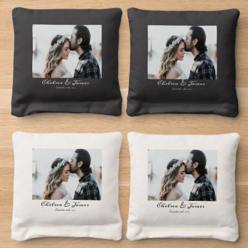 Elegant Calligraphy Wedding Photo Name Date Black  Cornhole Bags