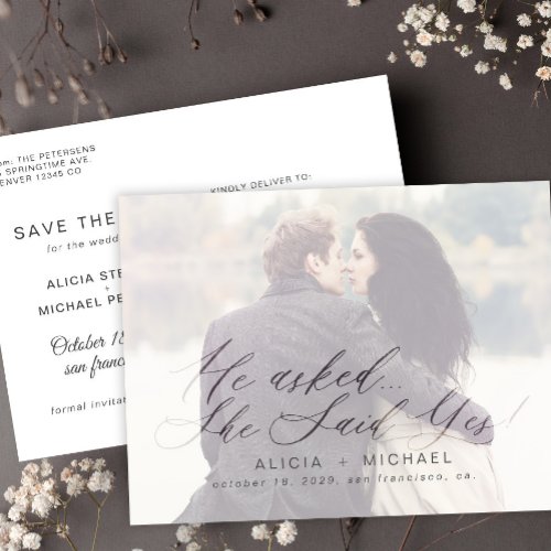 Elegant calligraphy wedding photo save the date announcement postcard