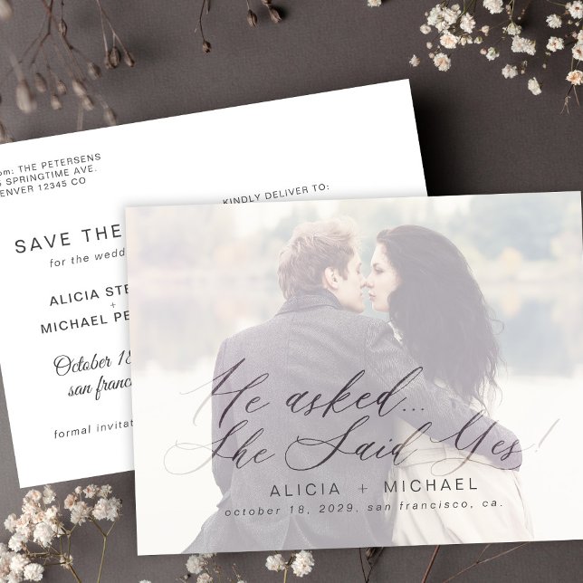 Elegant calligraphy wedding photo save the date announcement postcard (Creator Uploaded)
