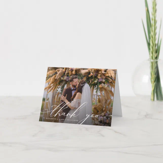 Elegant Calligraphy | Wedding Photo Thank You Card | Zazzle