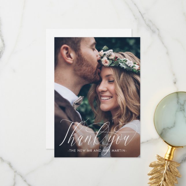 Elegant Calligraphy Wedding Photo Thank You Card (Front/Back In Situ)