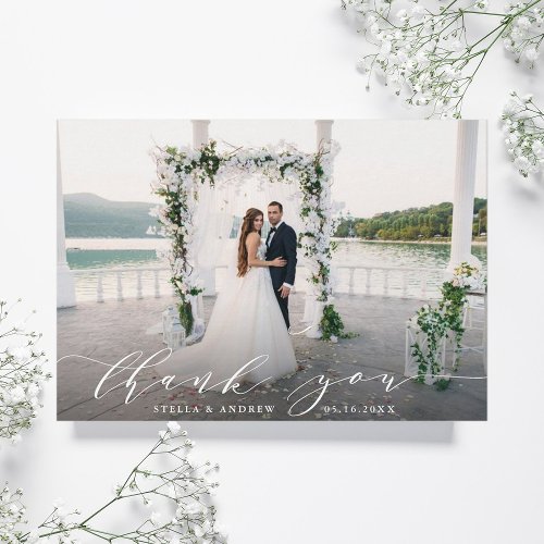 Elegant Calligraphy Wedding Photo Thank You Card