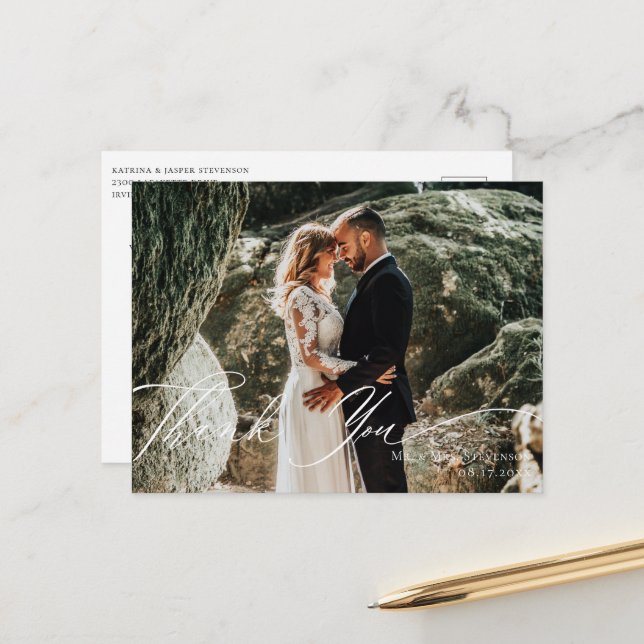 Elegant Calligraphy Wedding Photo Thank You Postcard (Front/Back In Situ)