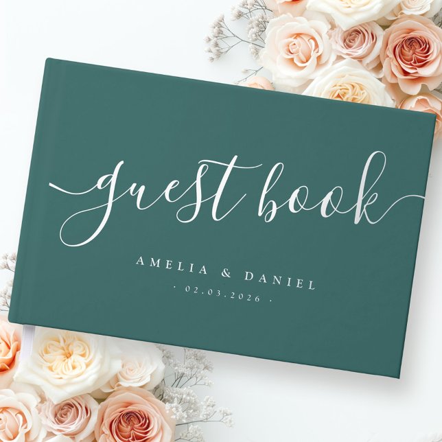 Elegant calligraphy wedding pine green foil guest book  (Elegant calligraphy wedding pine green foil guest book)