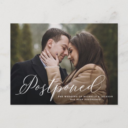 Elegant Calligraphy Wedding Postponement Announcement Postcard