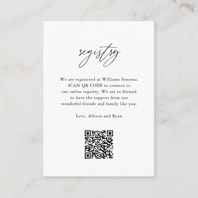 Elegant Calligraphy Wedding QR Code Registry Enclosure Card (Front)