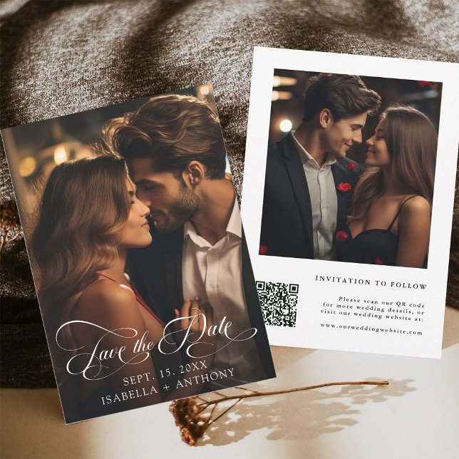Elegant Calligraphy Wedding QR Code Save The Date (Front & Back)