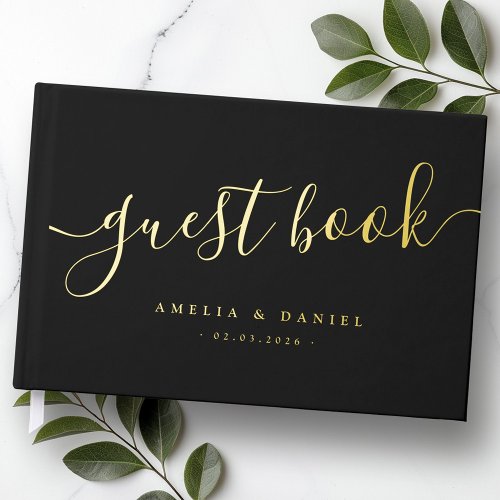 Elegant calligraphy wedding real foil black foil guest book 