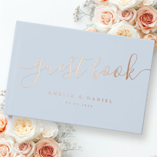 Elegant calligraphy wedding real foil dusty blue foil guest book