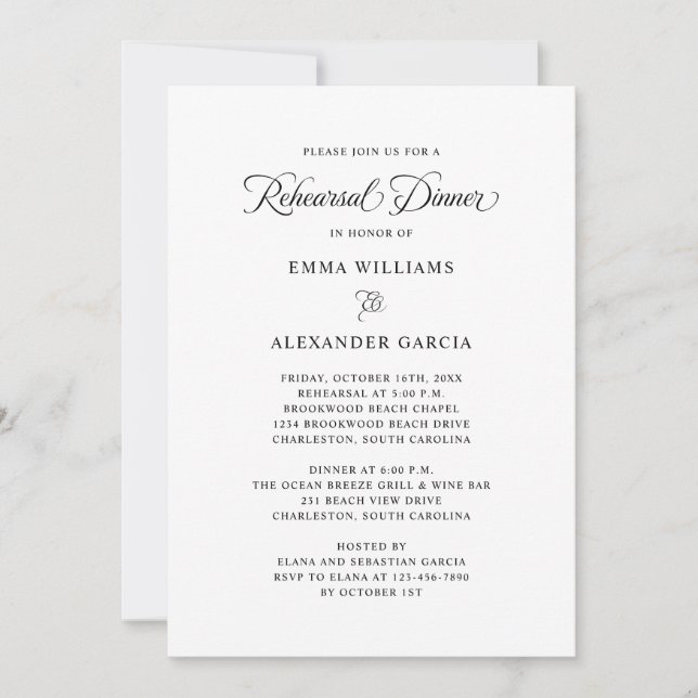 Elegant Calligraphy Wedding Rehearsal Dinner Black Invitation (Front)