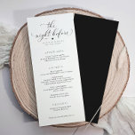 Elegant Calligraphy Wedding Rehearsal Dinner Menu<br><div class="desc">Rehearsal Dinner Menus: These elegant wedding rehearsal dinner menus feature the phrase "The Night Before" in a beautiful swirly script,  adding a touch of sophistication to your pre-wedding celebration. Perfect for setting a stylish tone,  these menus combine elegance and charm,  making them a memorable detail for your rehearsal dinner.</div>