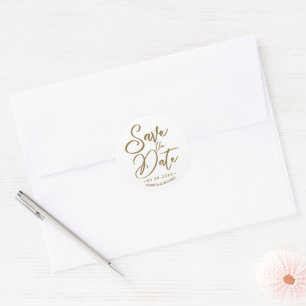Elegant Calligraphy Wedding Save The Date Gold Classic Round Sticker