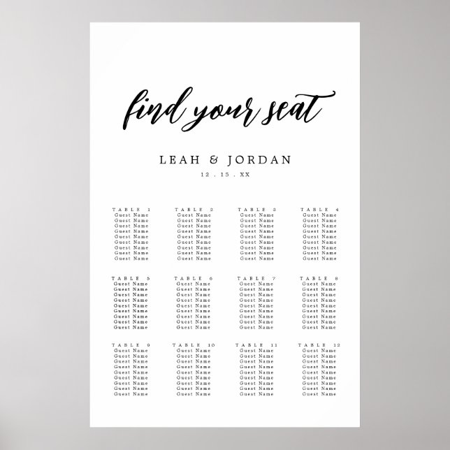 Elegant Calligraphy Wedding Seating Chart (Front)