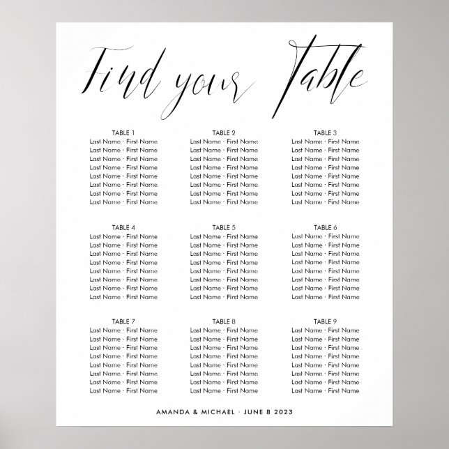Elegant Calligraphy Wedding Seating Table Chart (Front)