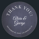 Elegant calligraphy wedding thank you navy classic round sticker<br><div class="desc">Classic chic simple couple's names thank you wedding favor label or envelope seal round sticker featuring a classy typography script against a dark navy blue chalkboard background.          Personalize with the bride's and groom's names and with your custom text!</div>