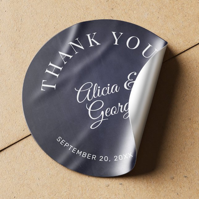 Elegant calligraphy wedding thank you navy classic round sticker (Creator Uploaded)