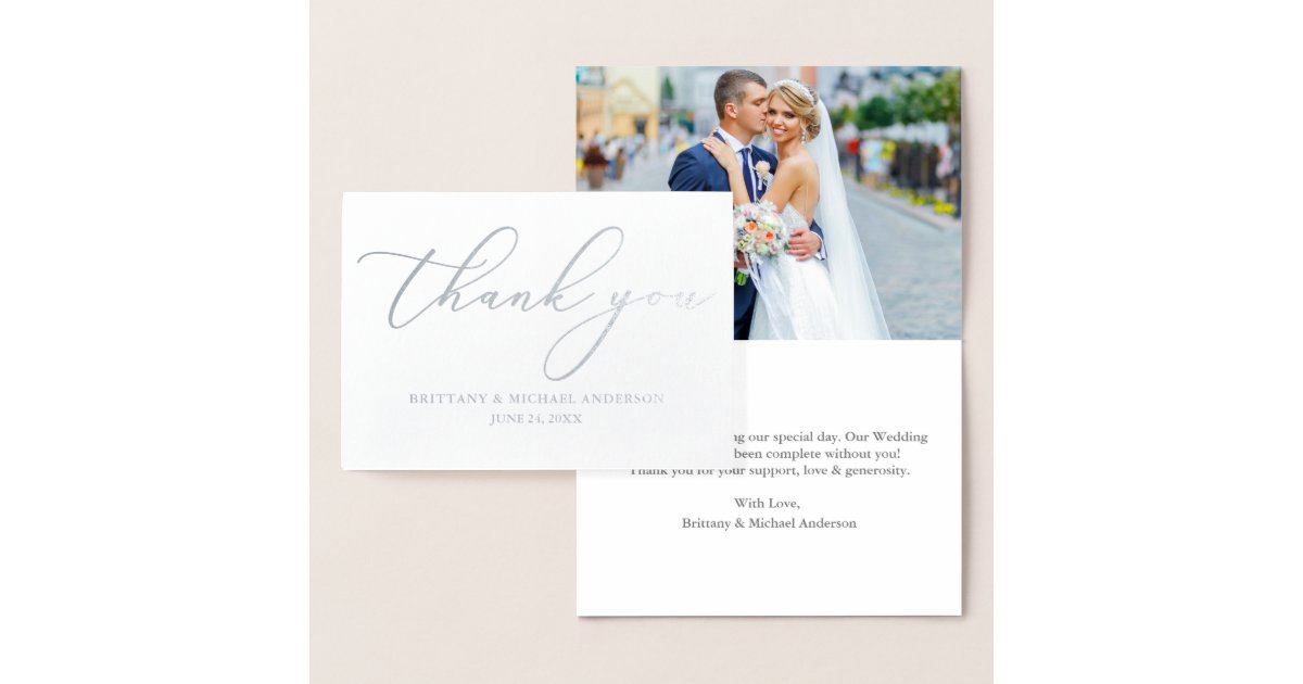 Elegant Calligraphy Wedding Thank You Silver Foil Card | Zazzle