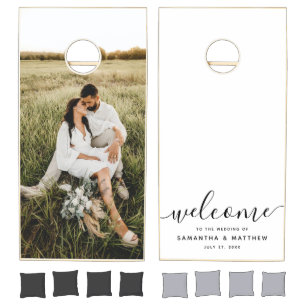 Elegant Calligraphy Welcome To The Wedding Photo Cornhole Set