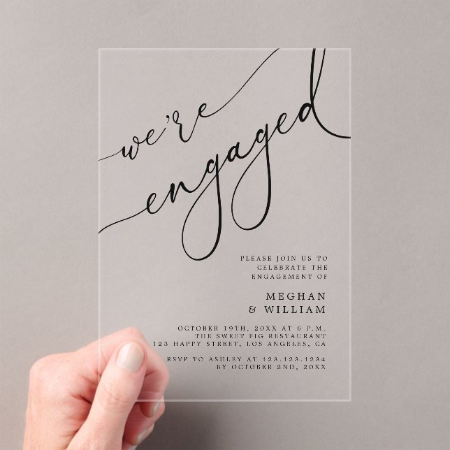 Elegant Calligraphy We're Engaged Engagement Party Acrylic Invitations (Insitu (Handheld))