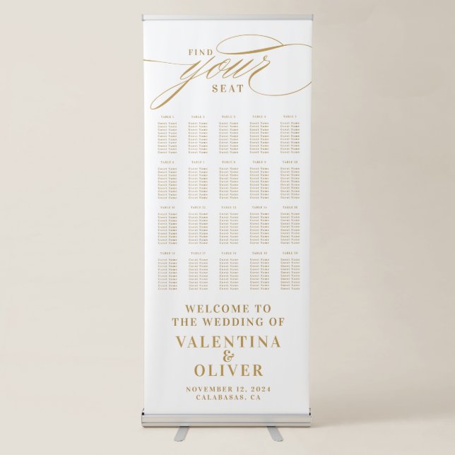 Elegant Calligraphy White and Gold Seating Chart  Retractable Banner (Front)