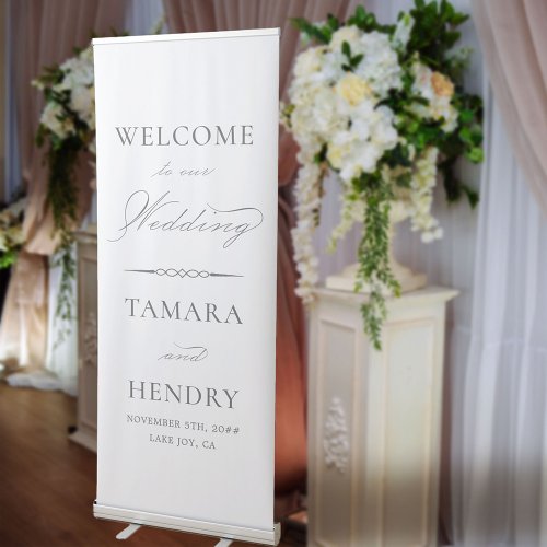 Elegant Calligraphy White and Grey Wedding Welcome Retractable Banner