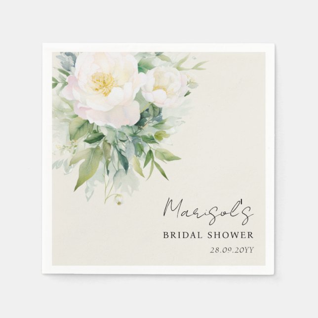 Elegant Calligraphy White Floral Bridal Shower Napkins (Front)