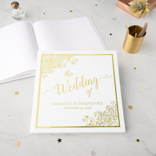 Elegant Calligraphy White  Gold Foil Wedding Foil Guest Book