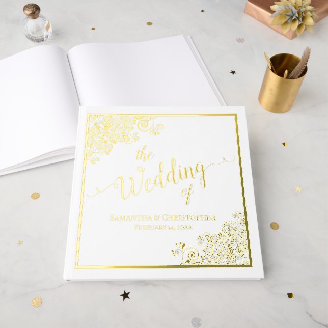 Elegant Calligraphy White & Gold Foil Wedding Foil Guest Book (Front Open)