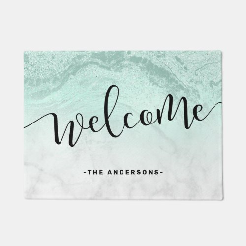Elegant calligraphy white marble  mint welcome doormat
