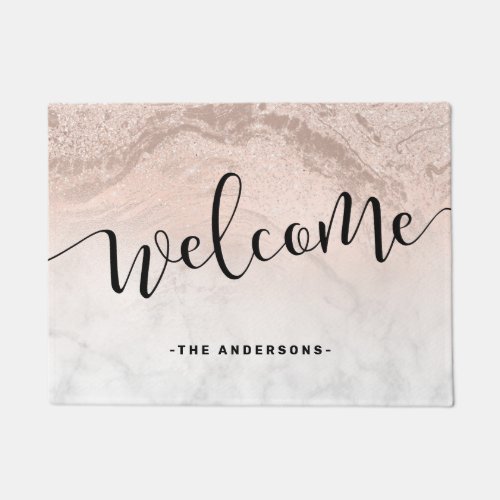 Elegant calligraphy white marble rose gold welcome doormat