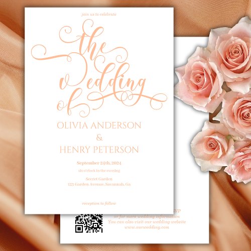 Elegant Calligraphy White Peach Wedding QR Code Invitation