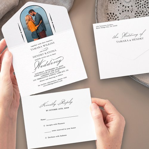 Elegant Calligraphy White Photo RSVP Wedding All In One Invitation