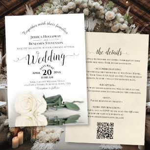 Elegant Calligraphy White Rose QR Code Wedding Invitation