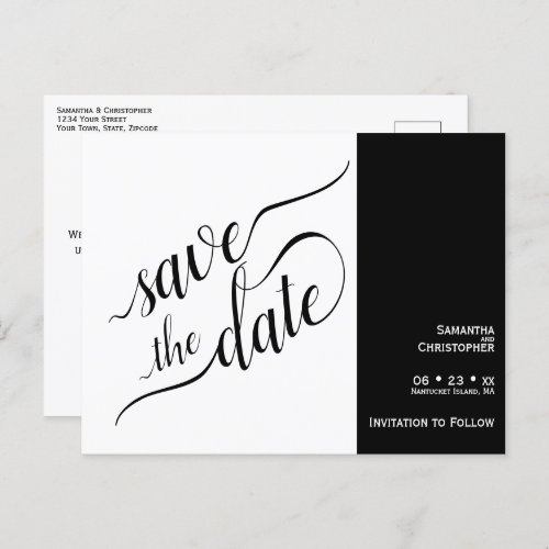 Elegant Calligraphy White Wedding Save the Date Announcement Postcard