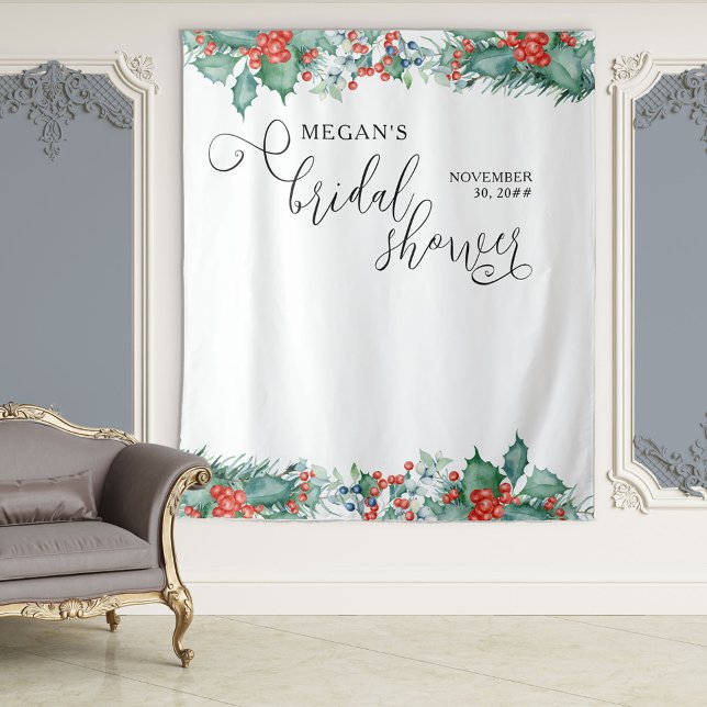 Elegant Calligraphy Winter Holly Bridal Shower Tapestry (Creator Uploaded)