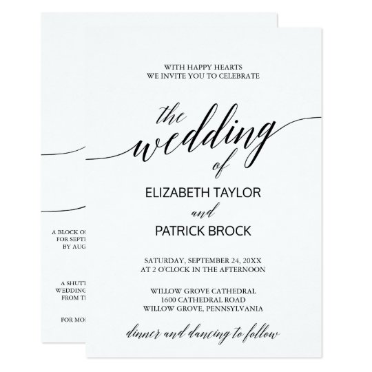 Elegant Calligraphy With Details On Back Wedding Invitation Zazzle Elegant Calligraphy With Details On Back Wedding Invitation