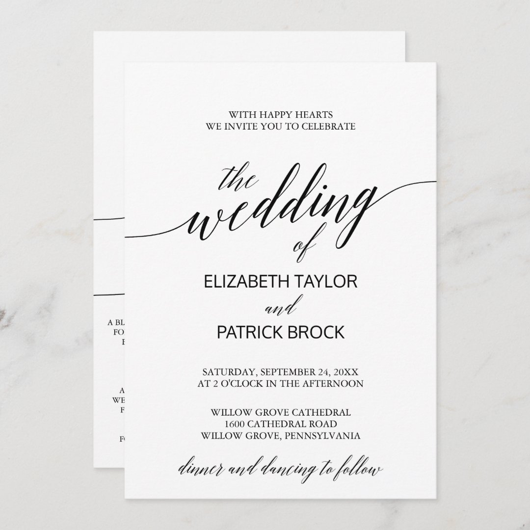 Elegant Calligraphy with Details on Back Wedding Invitation | Zazzle