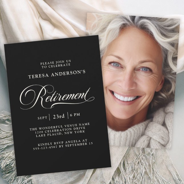 Elegant Calligraphy with Photo Retirement Party Invitation (Available as printed and paperless digital download!)